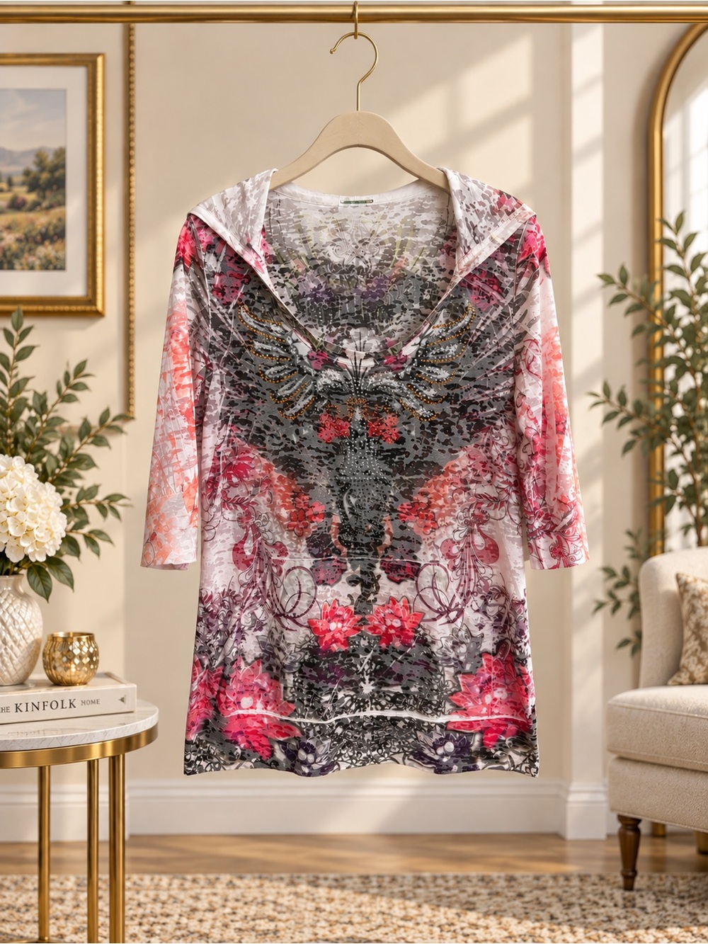 Y2K Rhinestone Angel Wing Floral Hooded Top Size L Made in USA